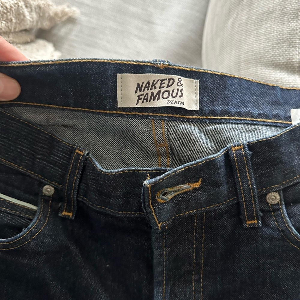 Naked and Famous skinny guy selvedge heavyweight denim.